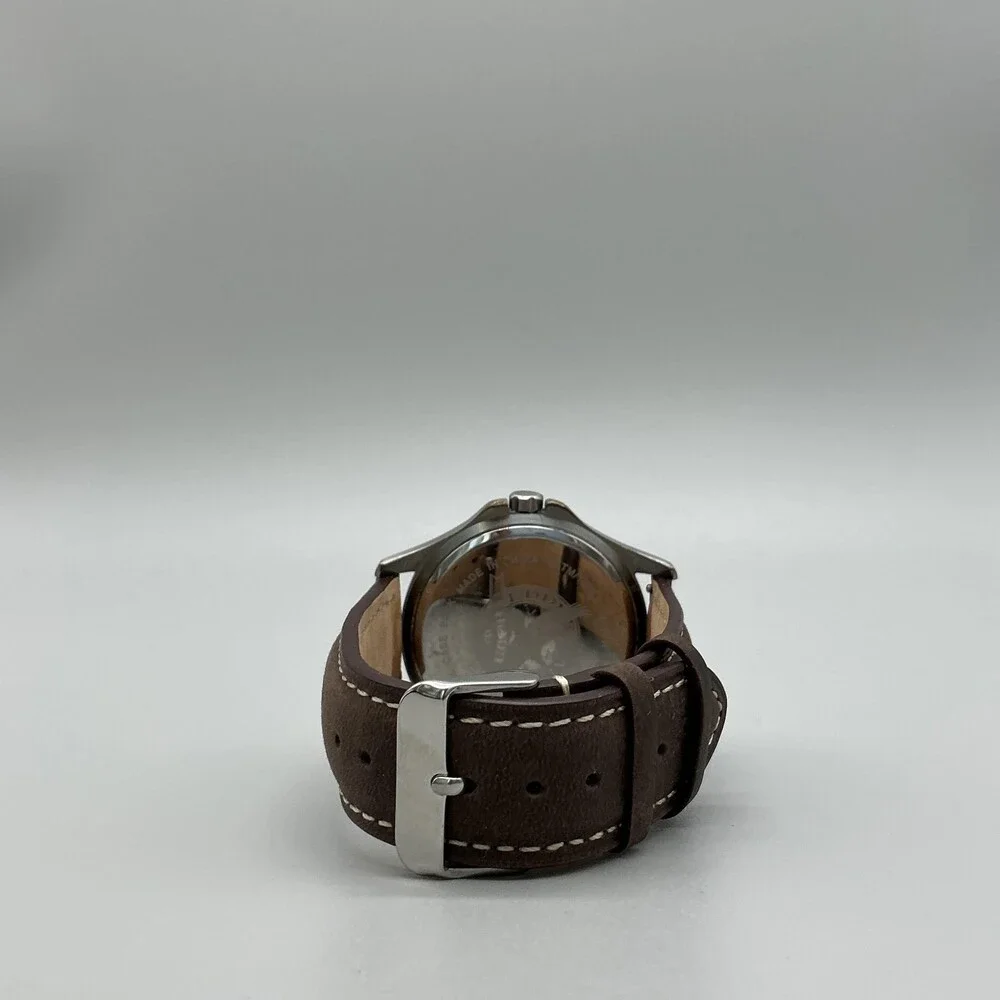 Eddie Bauer Men Watch 43mm Black Dial Silver Tone Brown Leather 2741 New Battery